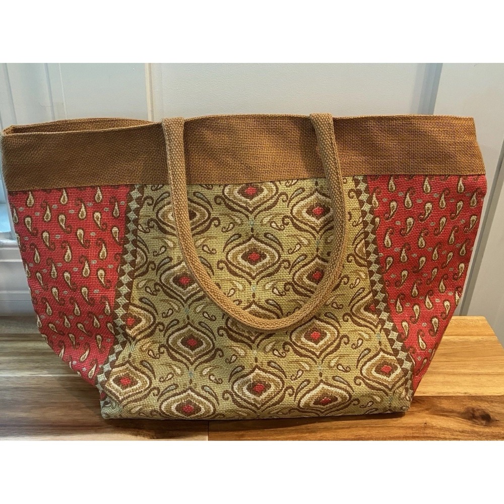 Style 101 Jute Burlap Tote Bag Red Paisley Boho Zip Top Shoulder Beach Large